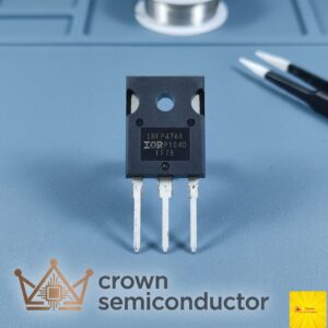 Three-pin power transistor/IGBT in a black TO-220 package with printed model IRFP4768 on a blue work surface, Crown Semiconductor watermark nearby.